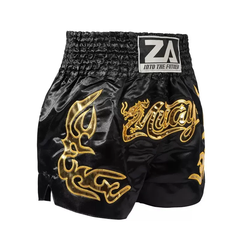 Schwarze Muay-Thai-Shorts mit traditioneller Stickerei, Thai-Boxshorts aus Satin für Männer, Frauen und Kinder, Kampfsport-MMA-Kickbox-Trainingshose