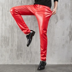 Men's Leather Pants Skinny Fit Stretch Fashion PU Leather Trousers Nightclub Party & Dance Pants Thin