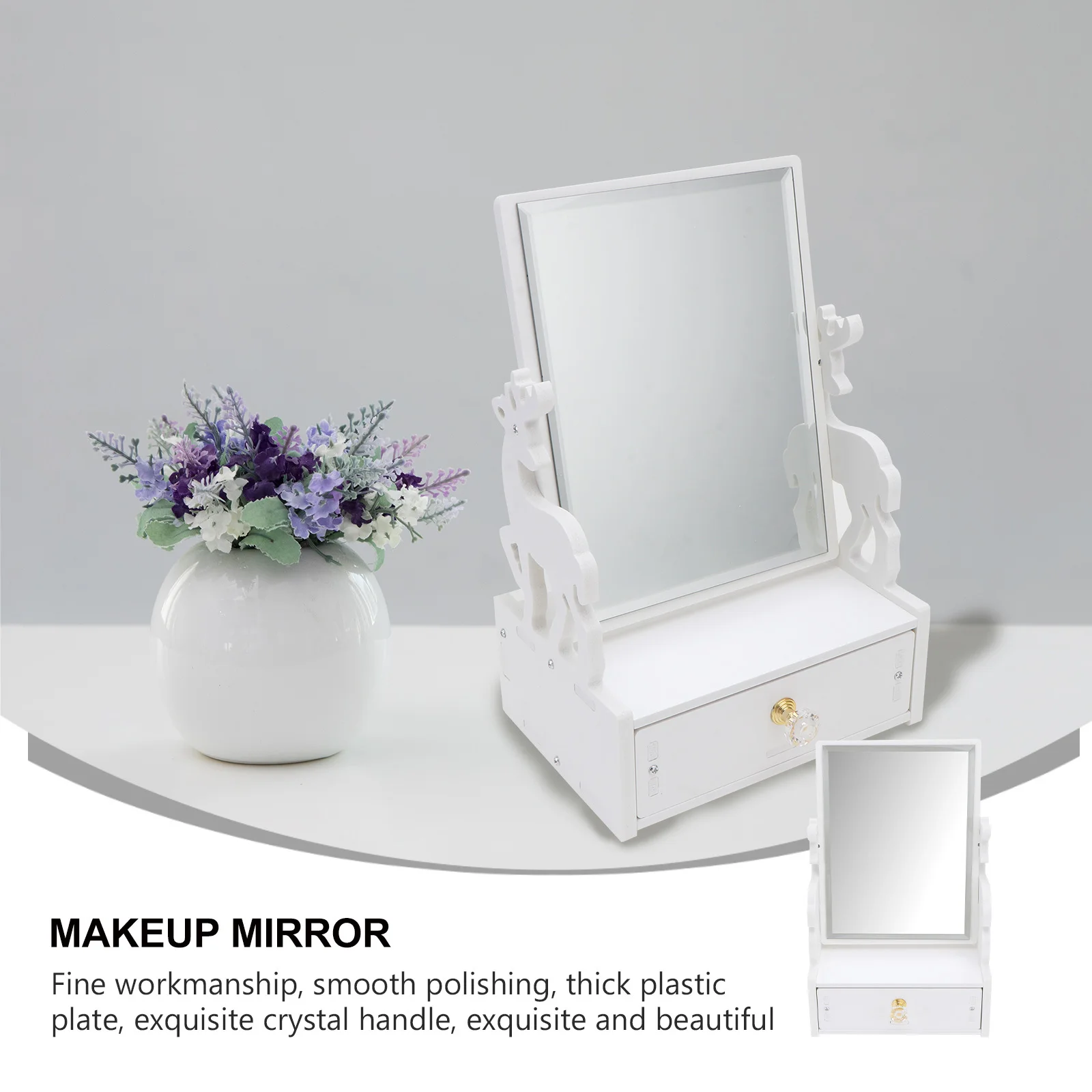 1Pcs Desktop Make-Up Spiegel mit Schublade Drehbare Spiegel Klare Oberfläche Exquisite Cartoon-Muster für Schmuck Haar Zubehör