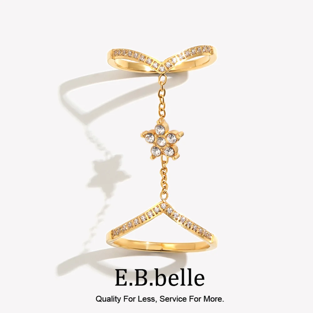 E.B.belle CZ Blumen-Doppelringe, 18K vergoldeter Edelstahl, wasserdichter Ring, Modeschmuck für Frauen und Mädchen, Geschenk