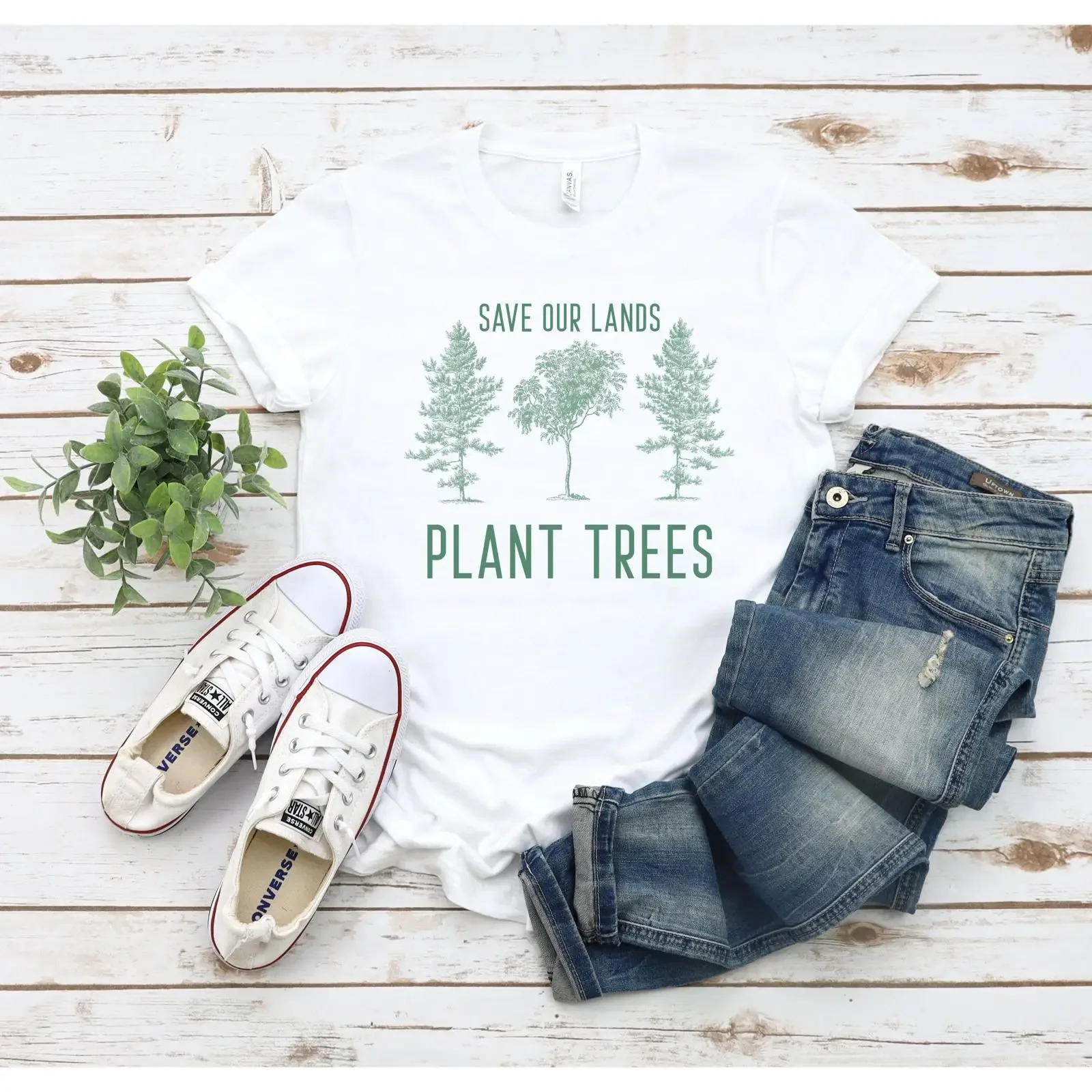 Save Our Lands Plant Trees Tree Print T Shirt Nature Lover Outdoors Environmental Protection Casual  vintage Washed Stretched