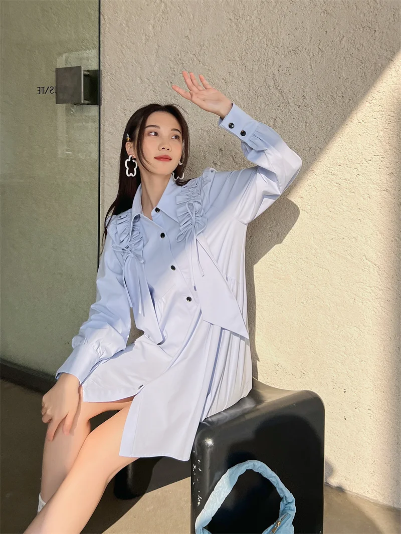 CHEERART Light Blue Button Up Long Shirt For Women 2023 Ruffles Shirring Long Sleeve Blouse Shirt Dress Women Fashion Trending