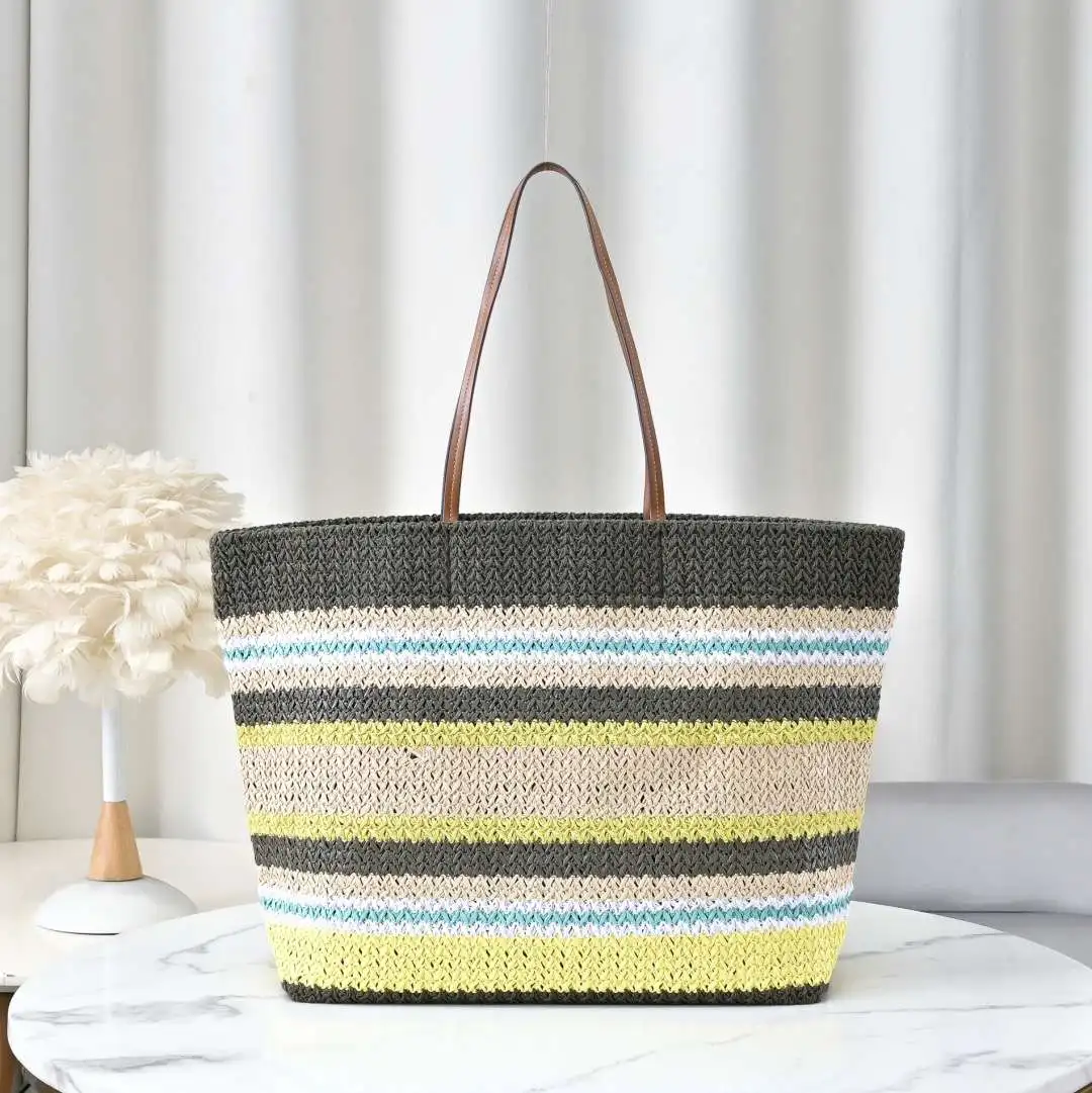 Fashion Woven Straw Tote Large Capacity Beach Resort Style Bag Women Contrast Stripes Shoulder Handbag Luxury Designer