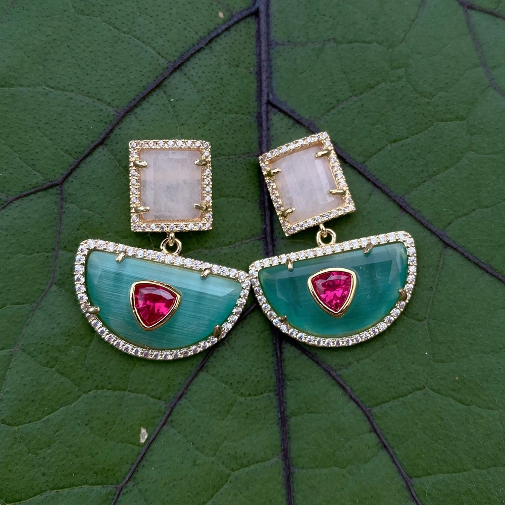Y·YING Pink Jade Semicircle Green Cat Eye Cz Stud Dangle Cz Pave Earrings Party Jewelry Wholesale