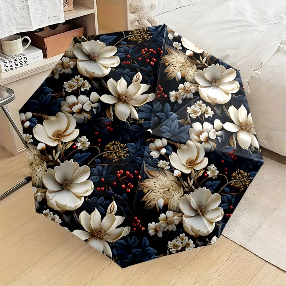 1PC Elegant Floral Design Umbrella for Sophisticated Style Print 8 Iron Ribs Folding Umbrella Auto-Open Fashion Sunshade