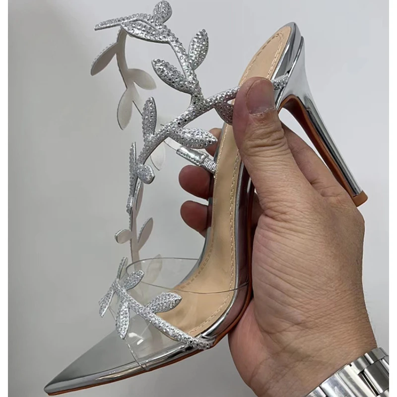 

Aneikeh/женские туфли-лодочки из ПВХ с кристаллами и бриллиантами, сандалии с острым носком, туфли на тонком каблуке, элегантные вечерние платья с открытой пяткой, Sandalias Mujer