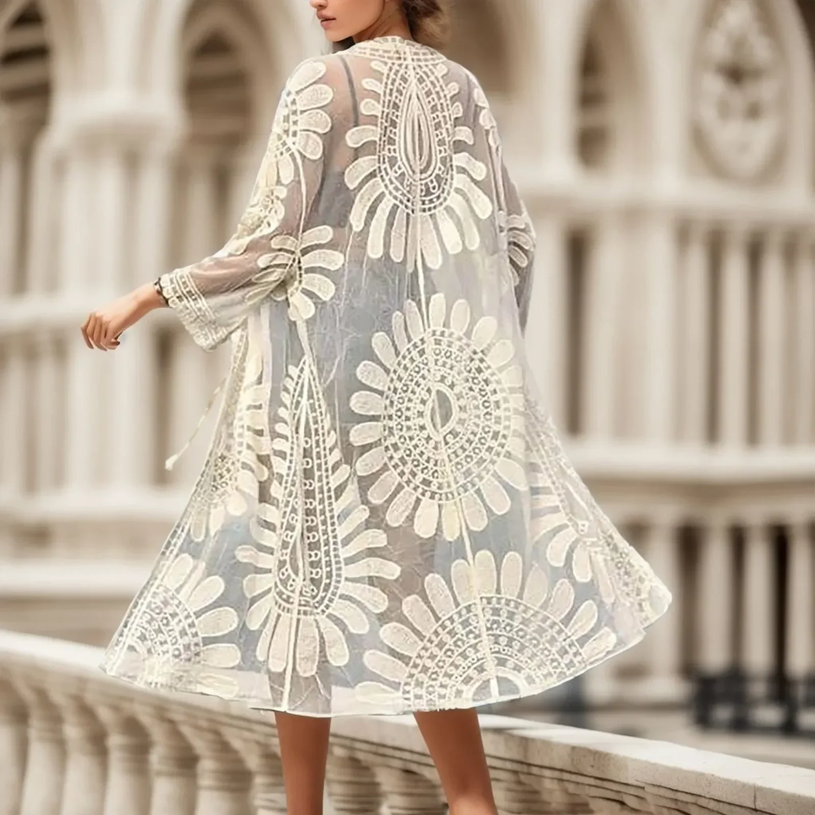 Sexy durchsichtiger Tüll-Badeanzug, mittellange Ärmel, Randmuster, Druck, Kordelzug, vertuschte Badebekleidung, neue europäische und amerikanische Modelle