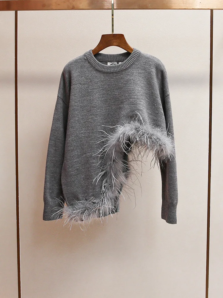 

New winter fashionable retro design relaxed irregular feather hem knitted sweater for women pull femmes jersey para mujer TRAF