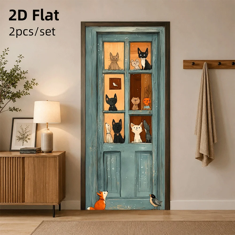 1 piece of door sticker with cute animals from the glass pane of the door, suitable for decorating home doors 2D plan