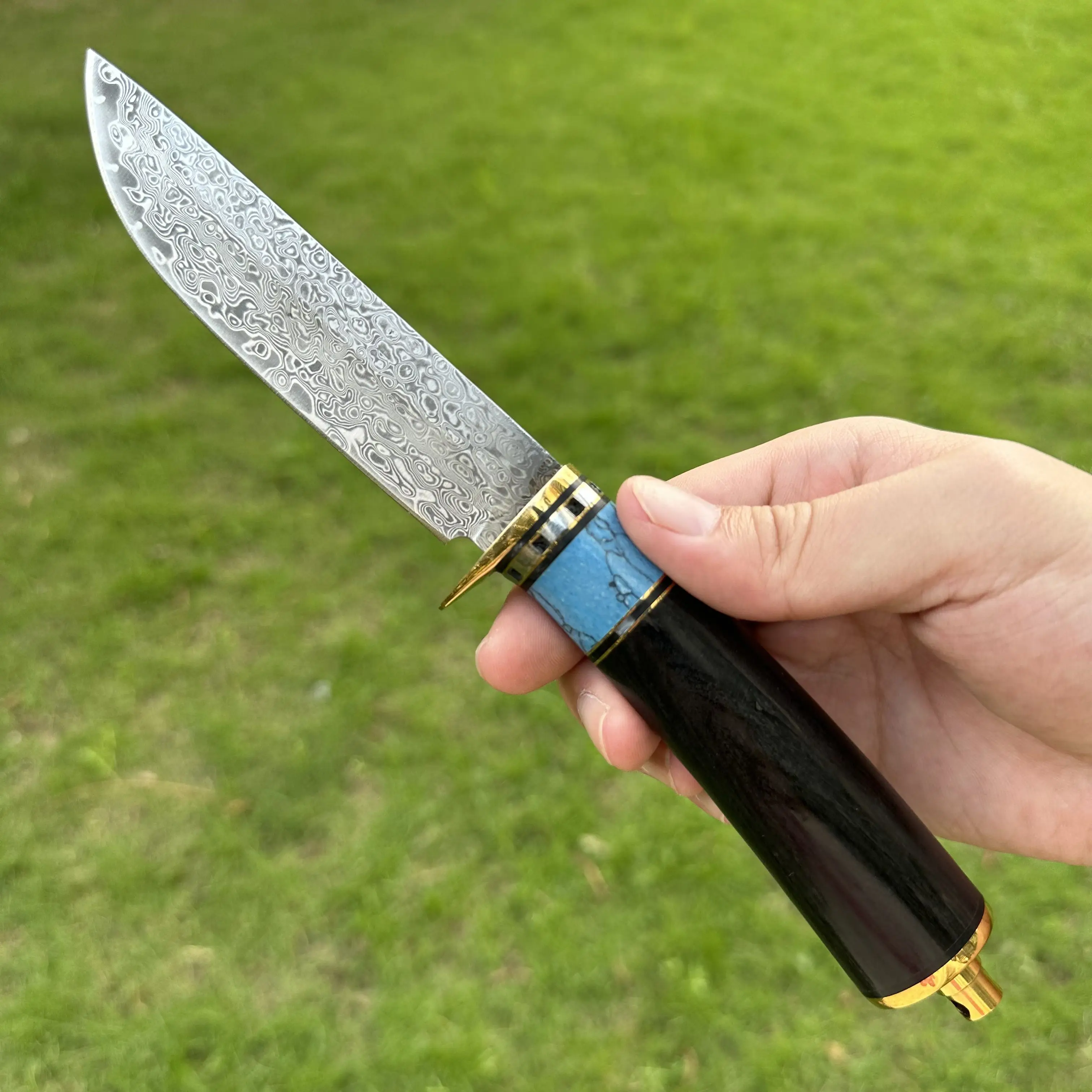 Topwell Handmade Knife VG10 Damascus Fixed Blade Sandalwood  Handle Leather Sheath Premium Camping Survival Knife Sharp&Solid
