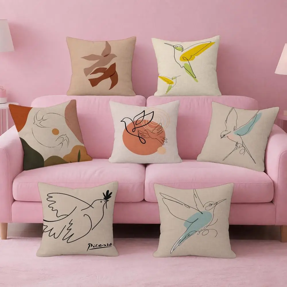 Art Morandi Bird Line Drawing Cushion Cover Pink Linen Texture Cushion Cover Double Sided Invisible Zipper Deco