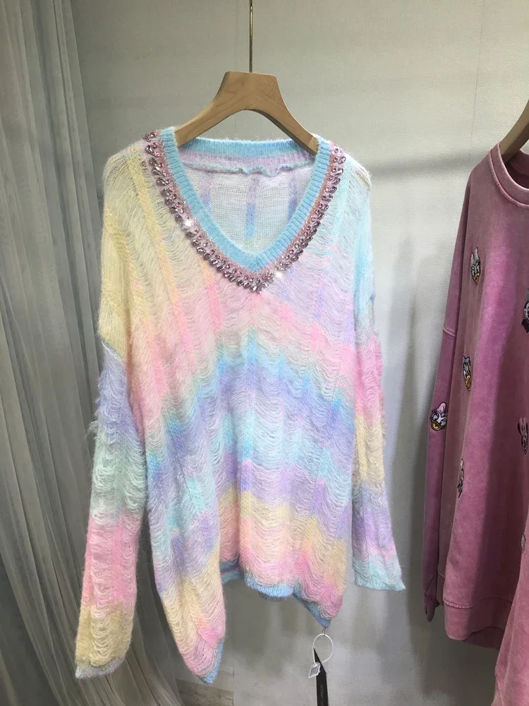 

European Heavy Industry Beaded Sweater Women's Rainbow Striped V-neck Soft Knitted Sweater Top Autumn Lazy Wind Pullovers