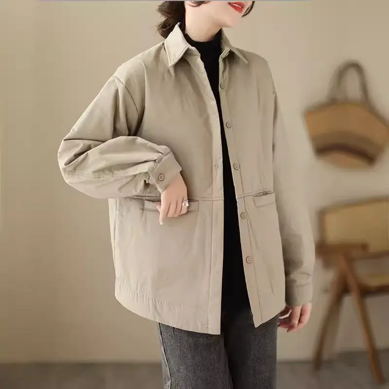 

Solid Color Cotton Shirt Jacket For Women Spring Autumn And Winter Artistic Casual Loose Versatile Light Thin Lapel Coat K464