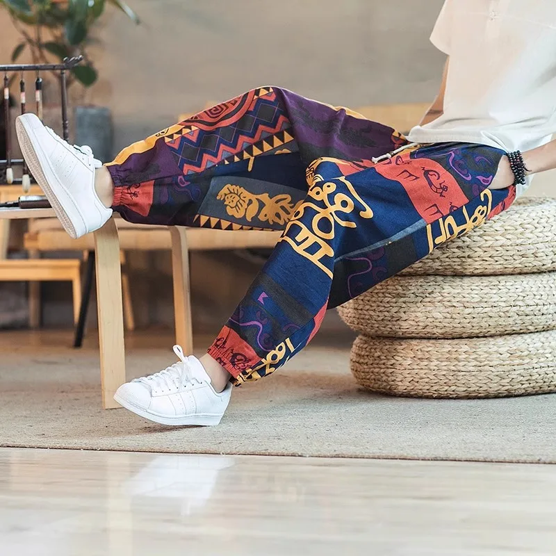 Men Harem Pants Joggers Printed Drawstring Drop-Crotch Trousers Men 2023 Autumn Loose Streetwear Cotton Linen Casual Pants