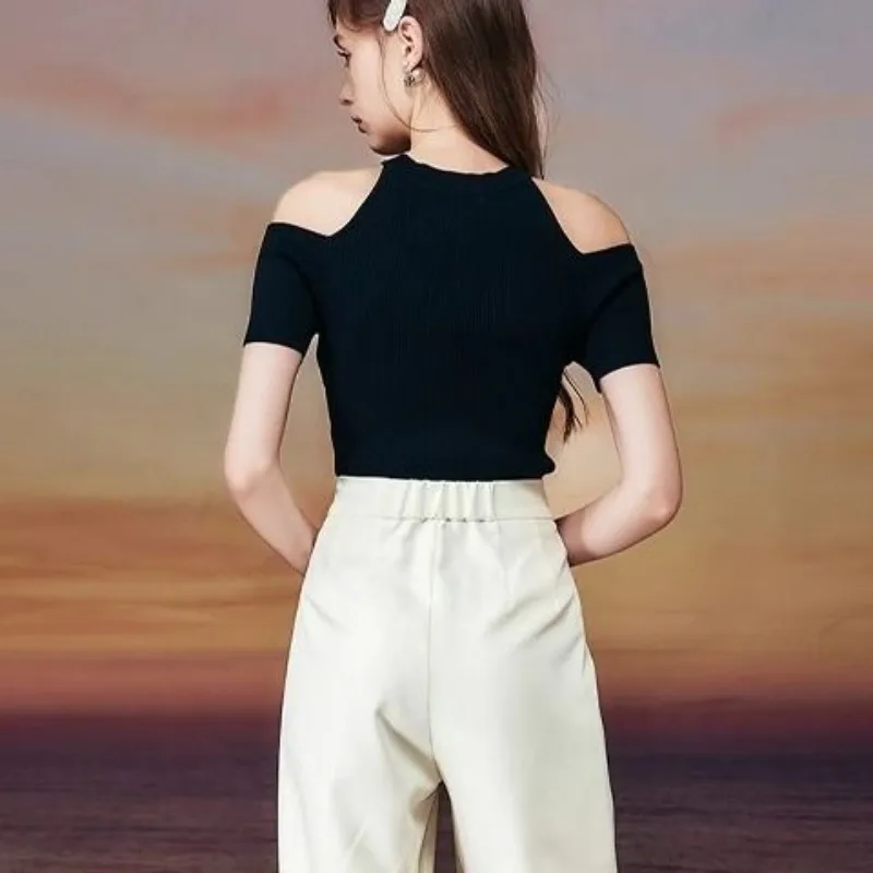 Fashion 2024 Summer New Women\'s Solid Color Simplicity Hollow Out Slash Neck Tops Off Shoulder Slim Short Sleeve Thin T-shirt