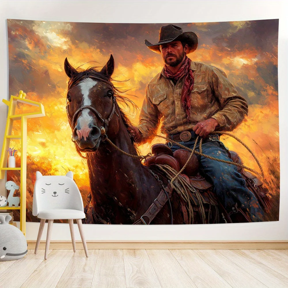 Cowboy riding horse sunset landscape western art oil painting rustic decor man and horse wall mural country style homedecoration