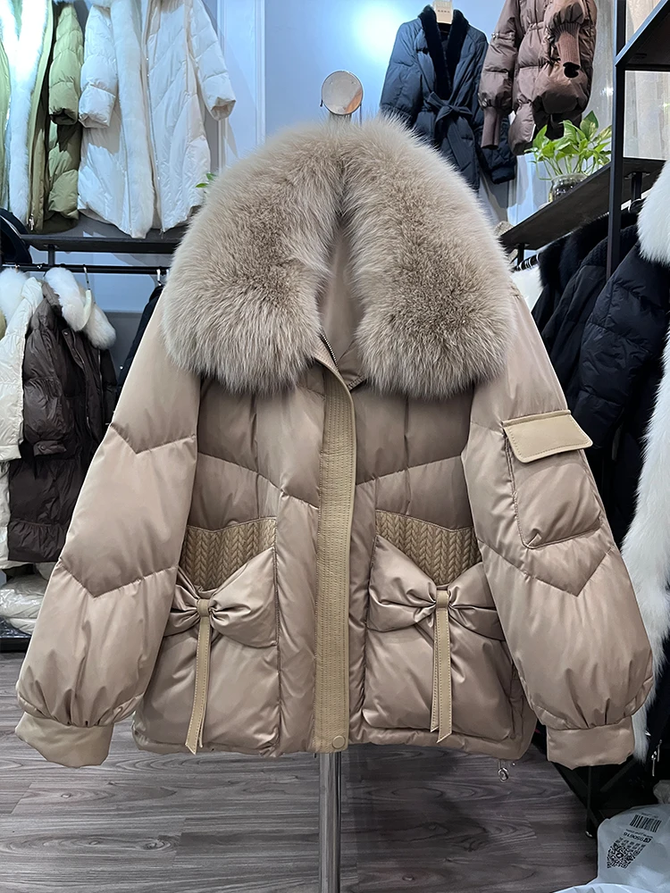 2023 Winter Women Goose Down Jacket Natural Fox Fur Collar Sweet Style Luxury Female Coats