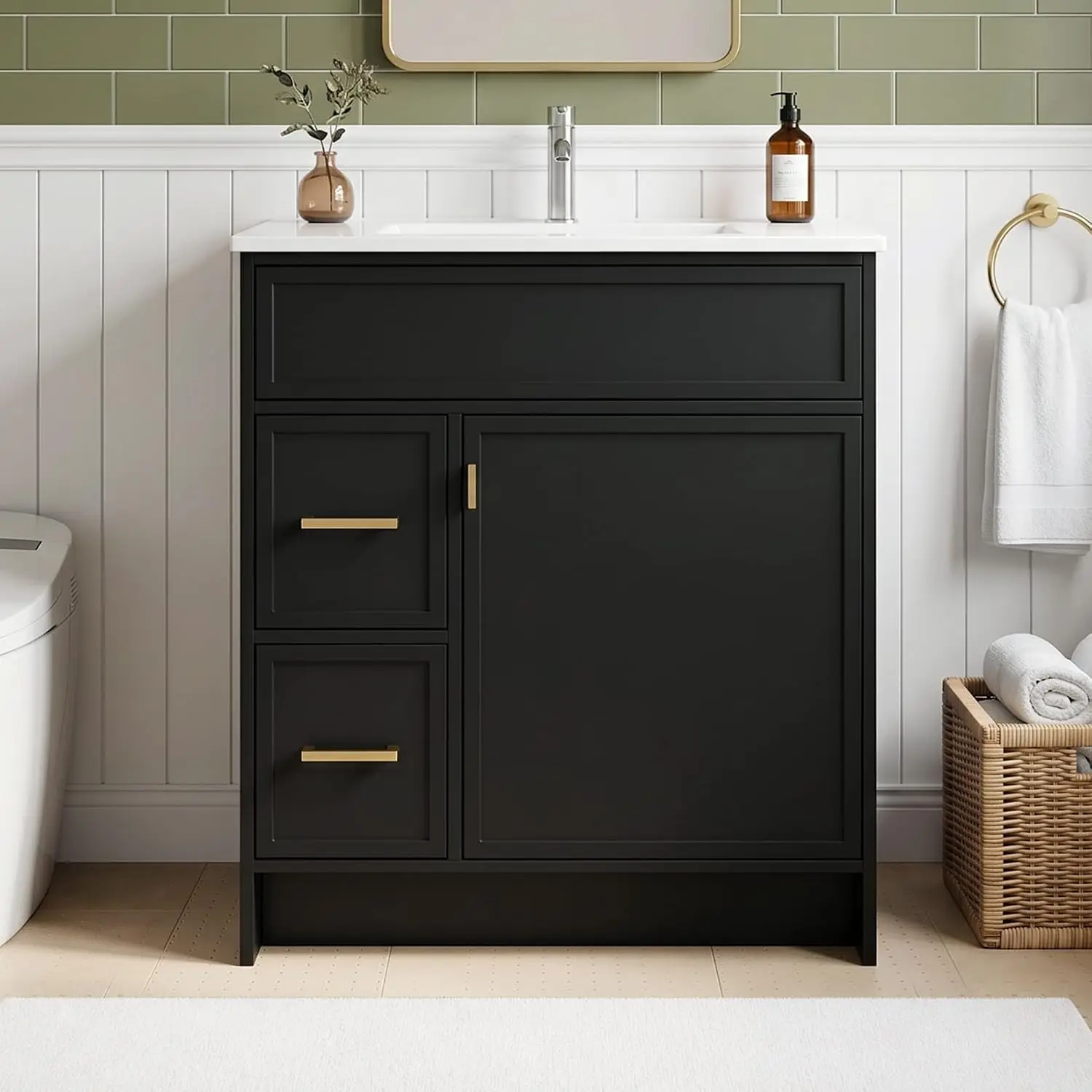 30 Inch Bathroom Vanity with Sink, Freestanding Bathroom Vanity with 1 Soft-Close Doors & 2 Drawers, White Ceramic, Customized