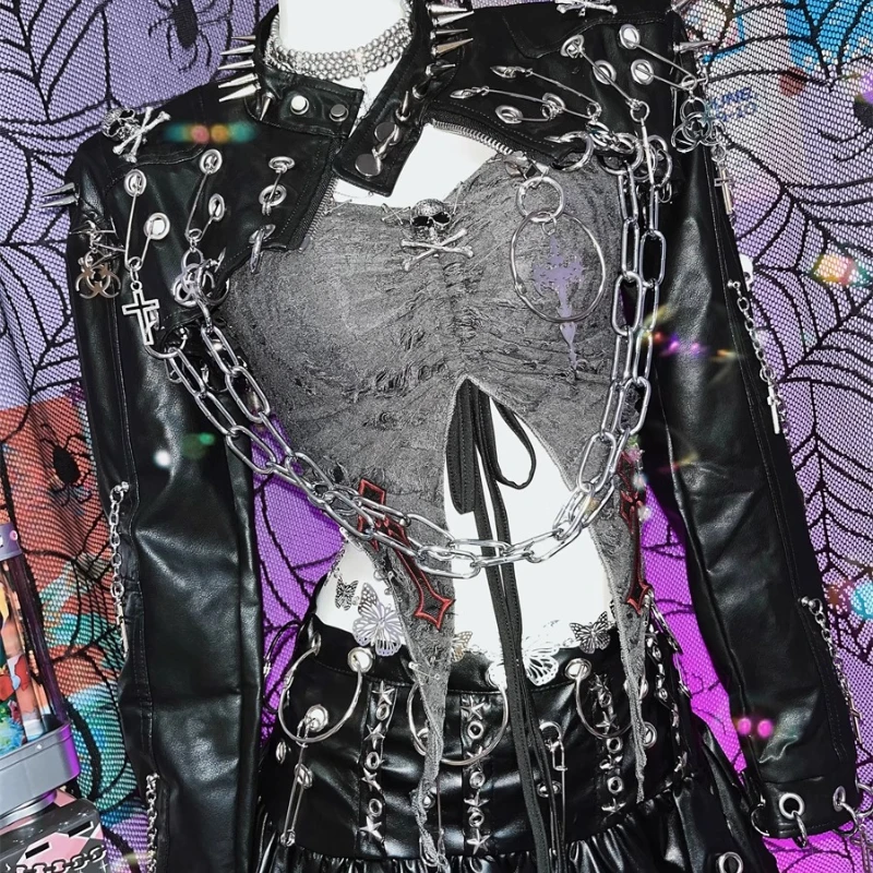Original Design Y2K Hot Girl Punk Rivet Women's Short Jackets 2025 New Rock Retro PU Leather Sweet Cool Blouse Pin Coat Ladies