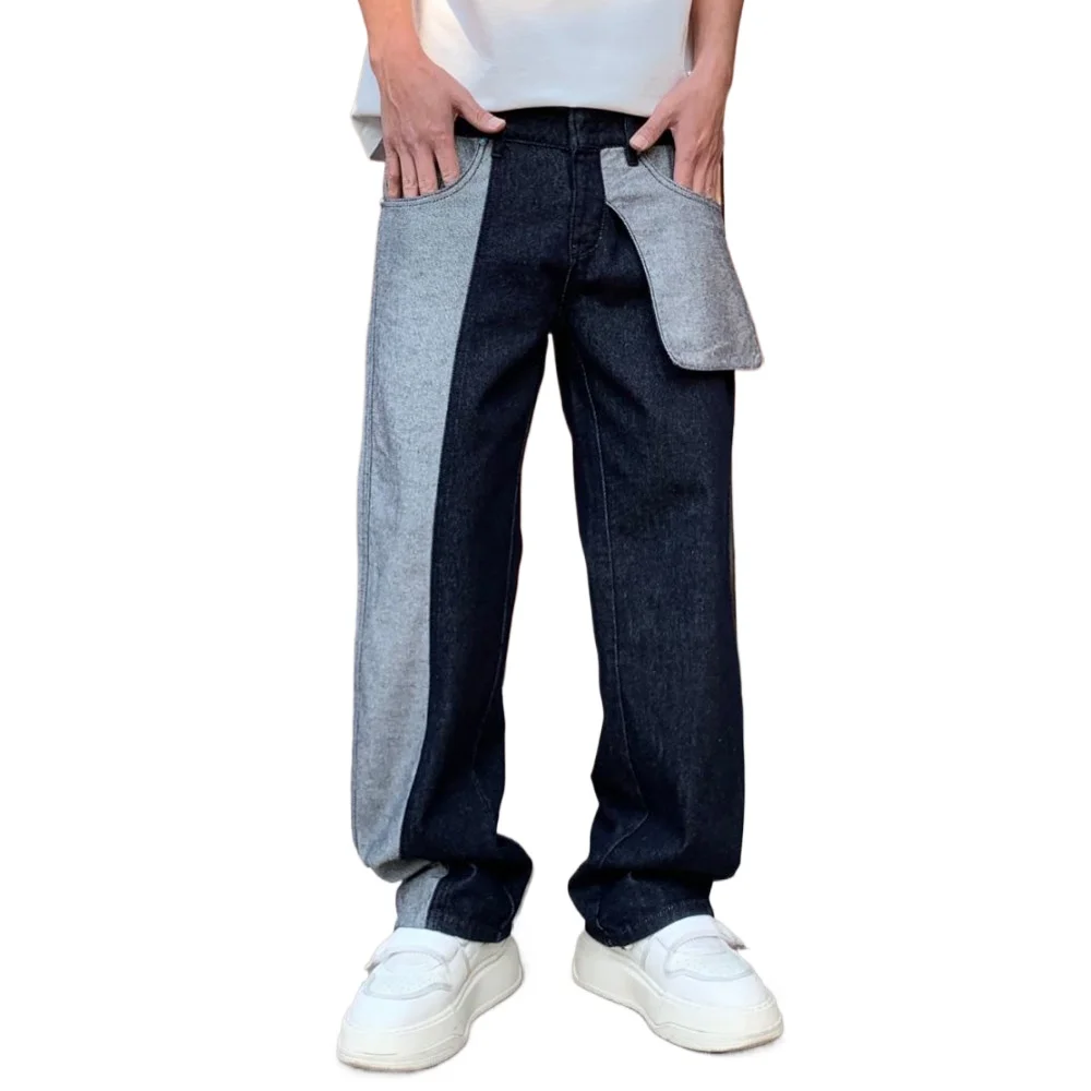 Splice Denim Jeans Men Streetwear Fashion Loose Casual Straight Wide Leg Baggy Jeans Pant Cityboy Y2k Jeans Trousers