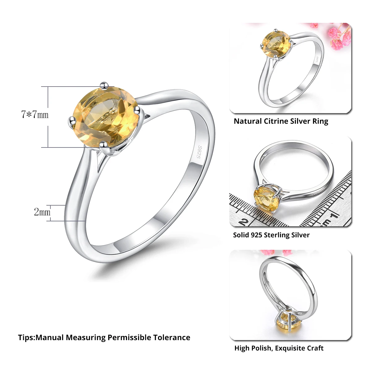 Natural Citrine Sterling Silver Rings 1.3 Carats Genuine Gemstone Classic Simple Fine Jewelry Style S925 Daily Birthday Gifts