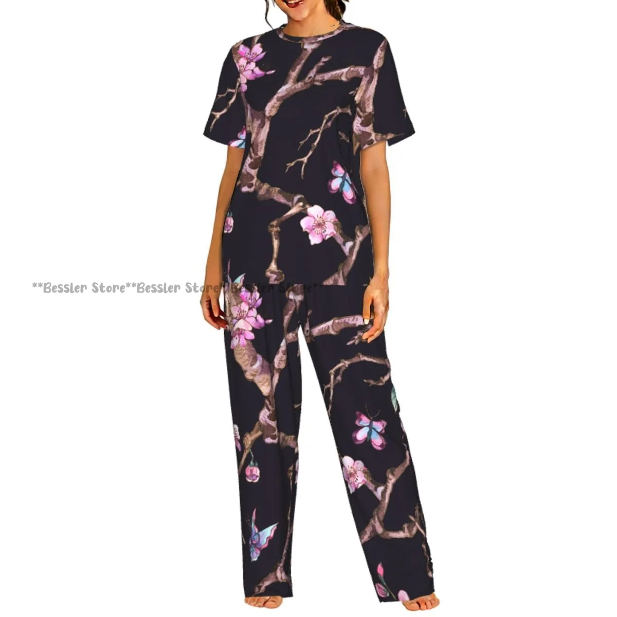 

Women's Vintage Cherry Sakura Pink Flowers Blooming Illustration short sleeve trousers casual pajamas set