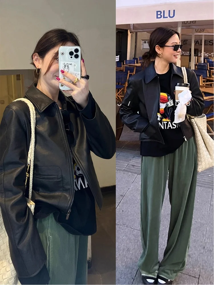 Cool Bla Leather Jaet Casaco feminino de motocicleta ort Sle com zíper tubo reto longo gola Sve Faionable Commut...