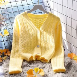 Fashion Yellow Cropped Sweater Coat Women's Loose Outer Wear Korean New Autumn All-Matching Western Style Knitted Cardigan V775