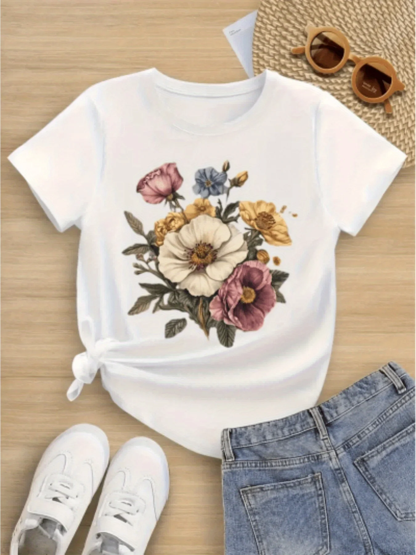 

Женская летняя футболка с цветочным принтом в стиле ретро, женская футболка с короткими рукавами и круглым вырезом, повседневная женская одежда, эстетические футболки