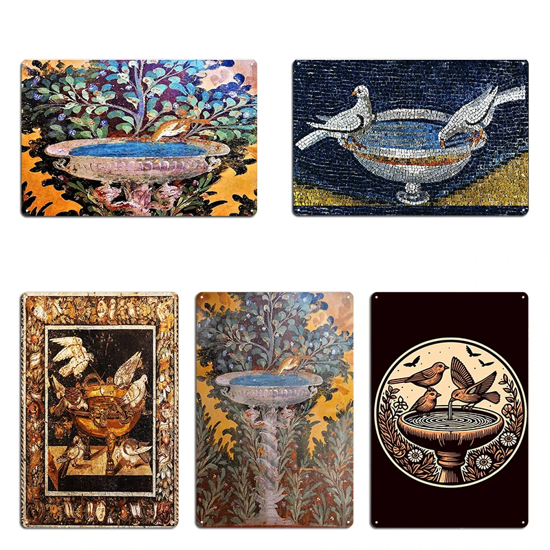 Pompeii Collection Little Birds Doves And Fountain Metal Sign Funny Plaques Cinema Club Roman Empire Tin Sign Posters