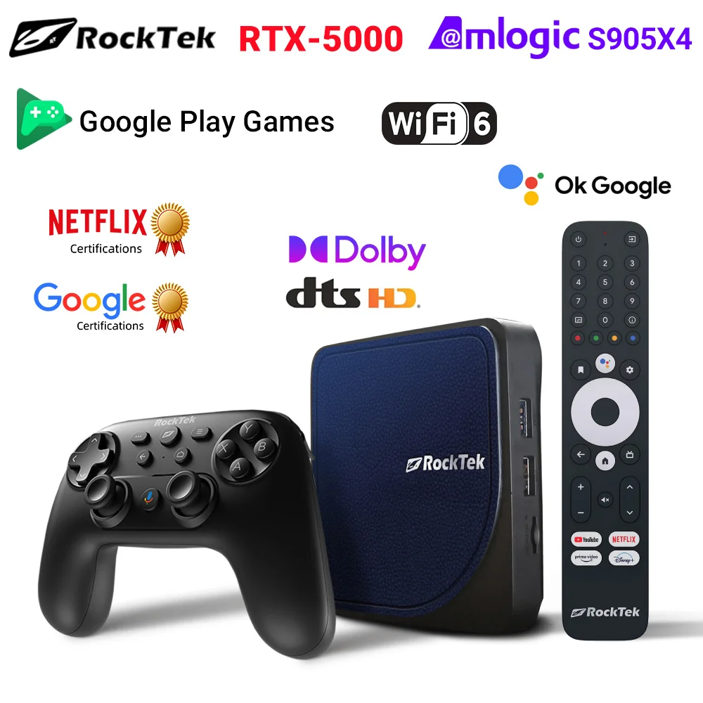 

ТВ-приставка RockTek RTX5000, Android TV 11, Netflix, Google Сертифицированный Amlogic S905X4 4G6 4G, Поддержка DTS Dolby Audio Wifi6 1000M BT5.0