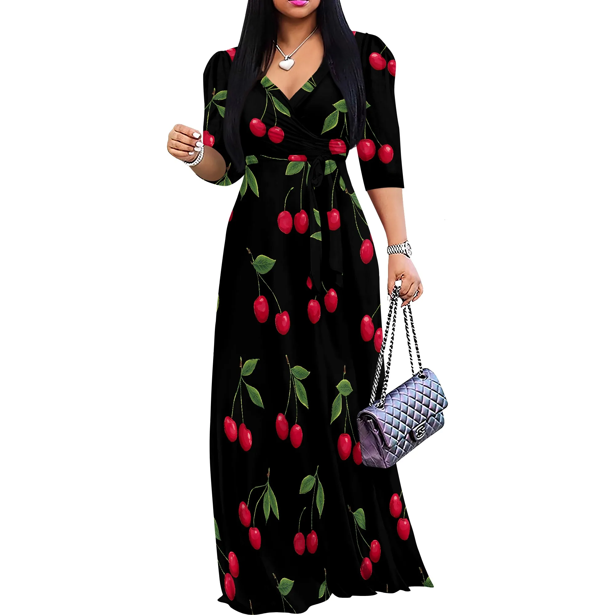 Women's Floral Print Maxi Dresses Summer with Pockets Casual 3 4 Sleeve V-Neck Wrap Tie Waist Long Dress
