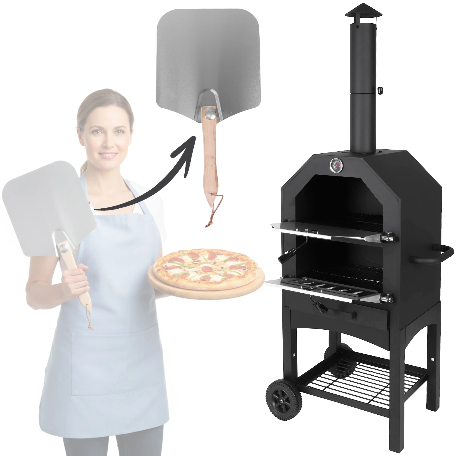 Dwupoziomowy, wolnostojący piec do pizzy na węgiel drzewny z miejscem na drewno, duży piec do pizzy na zewnątrz, idealny na podwórko, kemping i grillowanie.