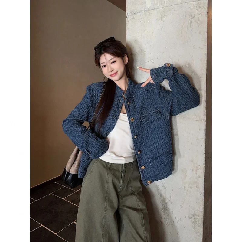 

Old Money Style Textured Women, New Autumn Blue H-Shaped Stand Collar Top