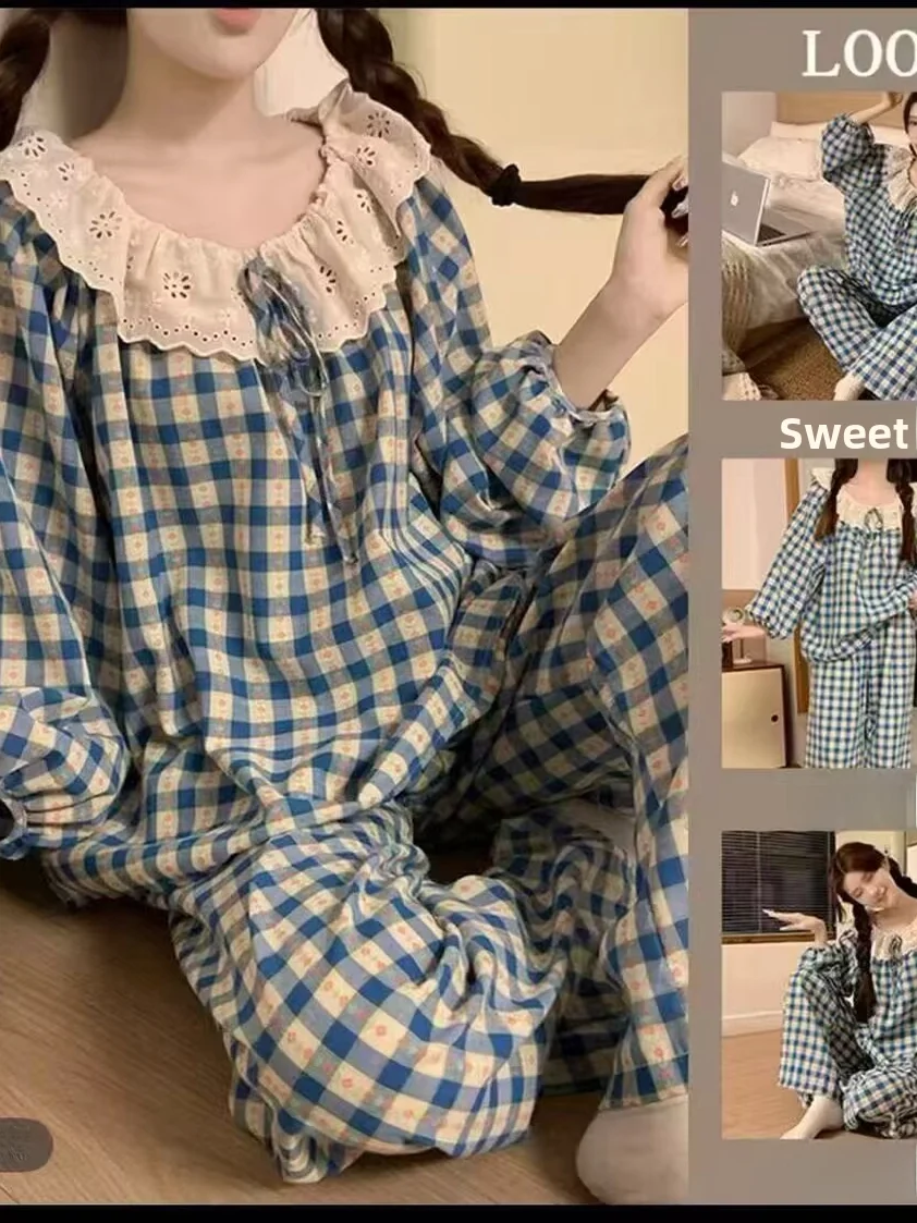 

Sweet Korean Style Blue Plaid Sleepwear Women's Spring Autumn New Cloud Cotton Lace Two-Piece Set Comfortable Home Clothes