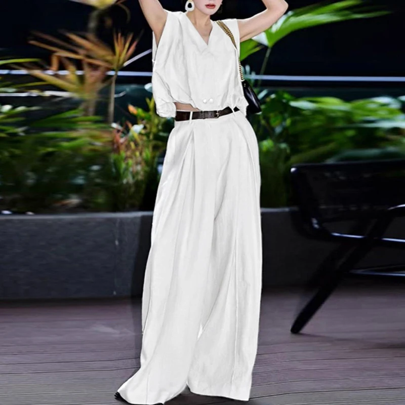 

Krisstarsgirls Loose Women White Casual Pant Sets 2025 Autumn Summer V-neck Sleeveless Tops Urban Wide Leg 2 Piece Trousers Set