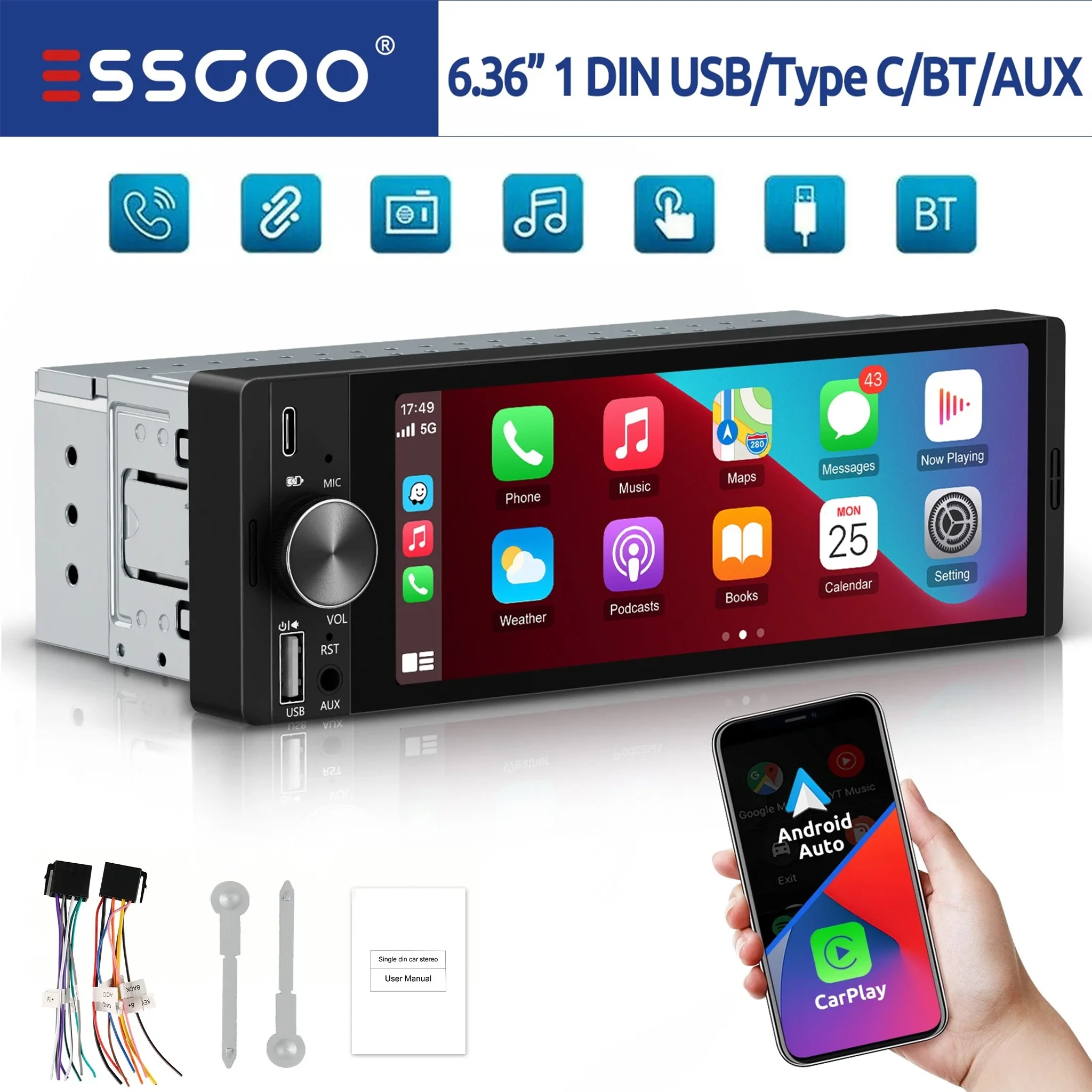 ESSGOO 6,36 Zoll Universal Single 1 DIN CarPlay Android Auto Autoradio USB FM BT Freisprecheinrichtung SWC Mirror Link Typ C Touchscreen