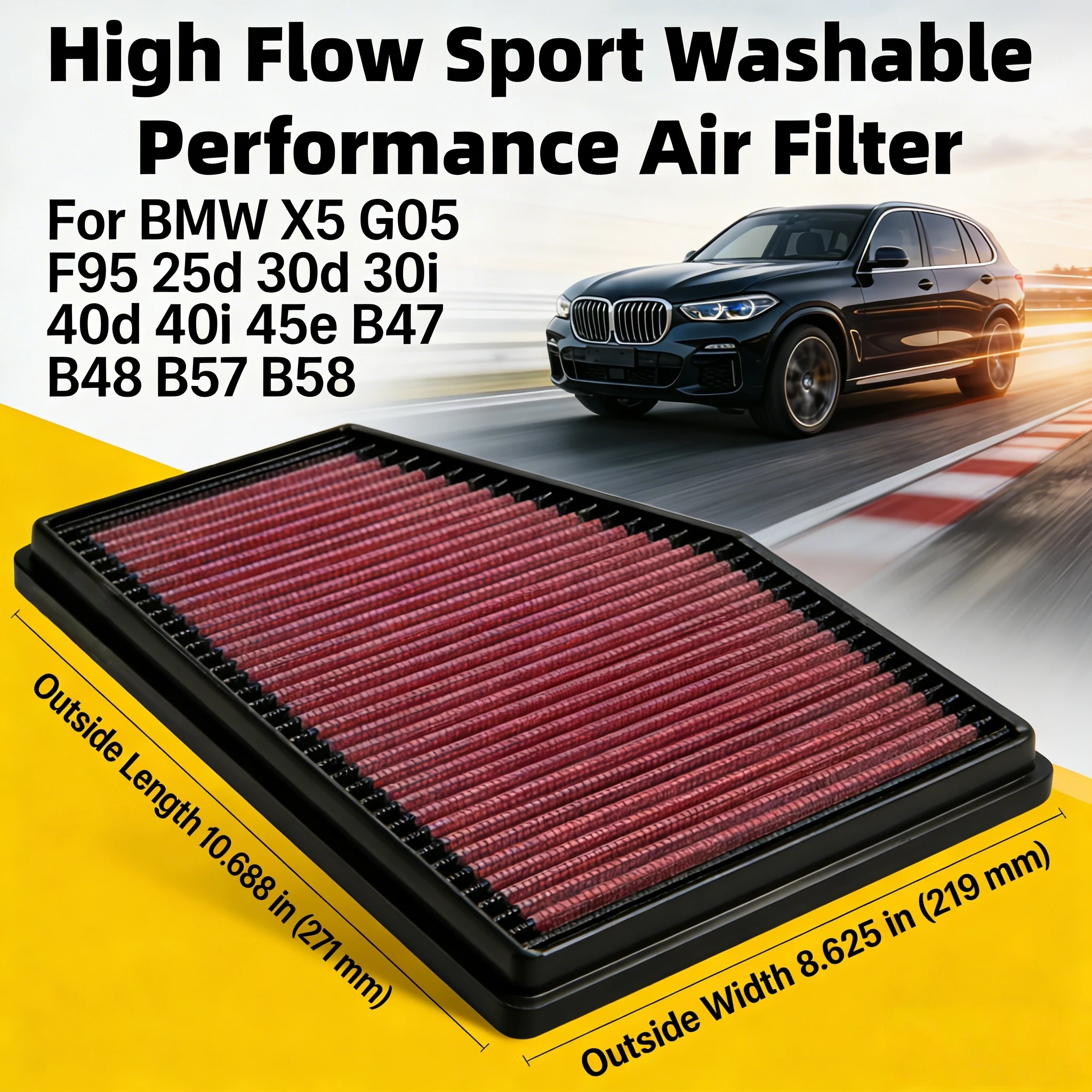 For BMW X5 G05 F95 25d 30d 30i 40d 40i 45e B47 B48 B57 B58 High Flow Sport Washable Performance Panel Air Filter Replacement