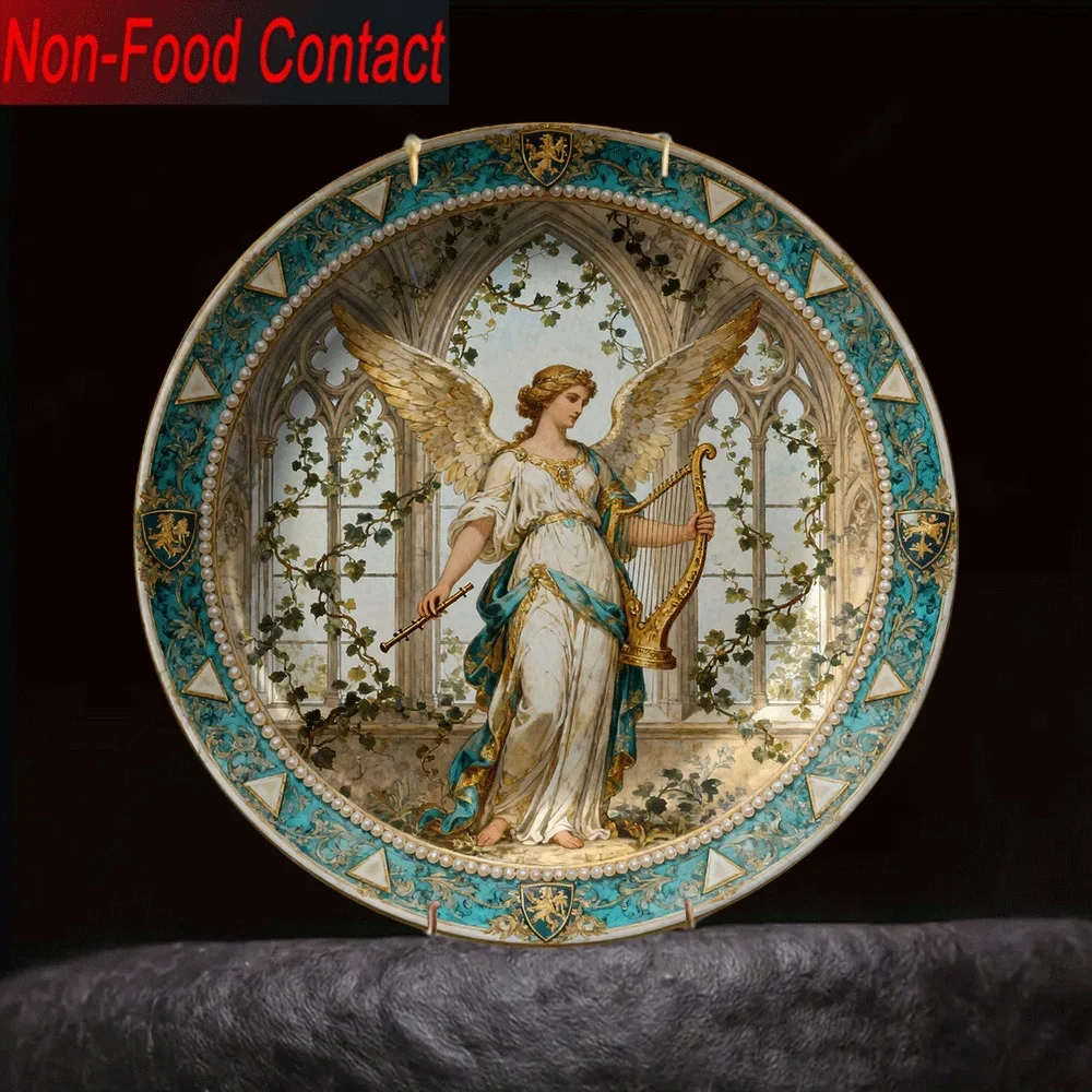 2D Flat, 1pc Ceramic Decorative Plate with Angel Playing Harp Design - Non-Food Contact, Classic Round Wall Art for Home,