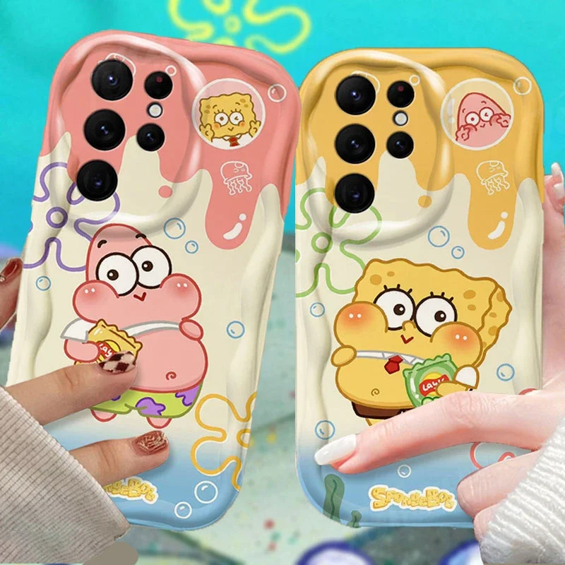 Cute Cartoon SpongeBobs Phone Case For Samsung Galaxy S24 Ultra S23 S22 Plus S21 S20 FE A25 A55 A35 A15 A05 A05S 3D Wave Cover