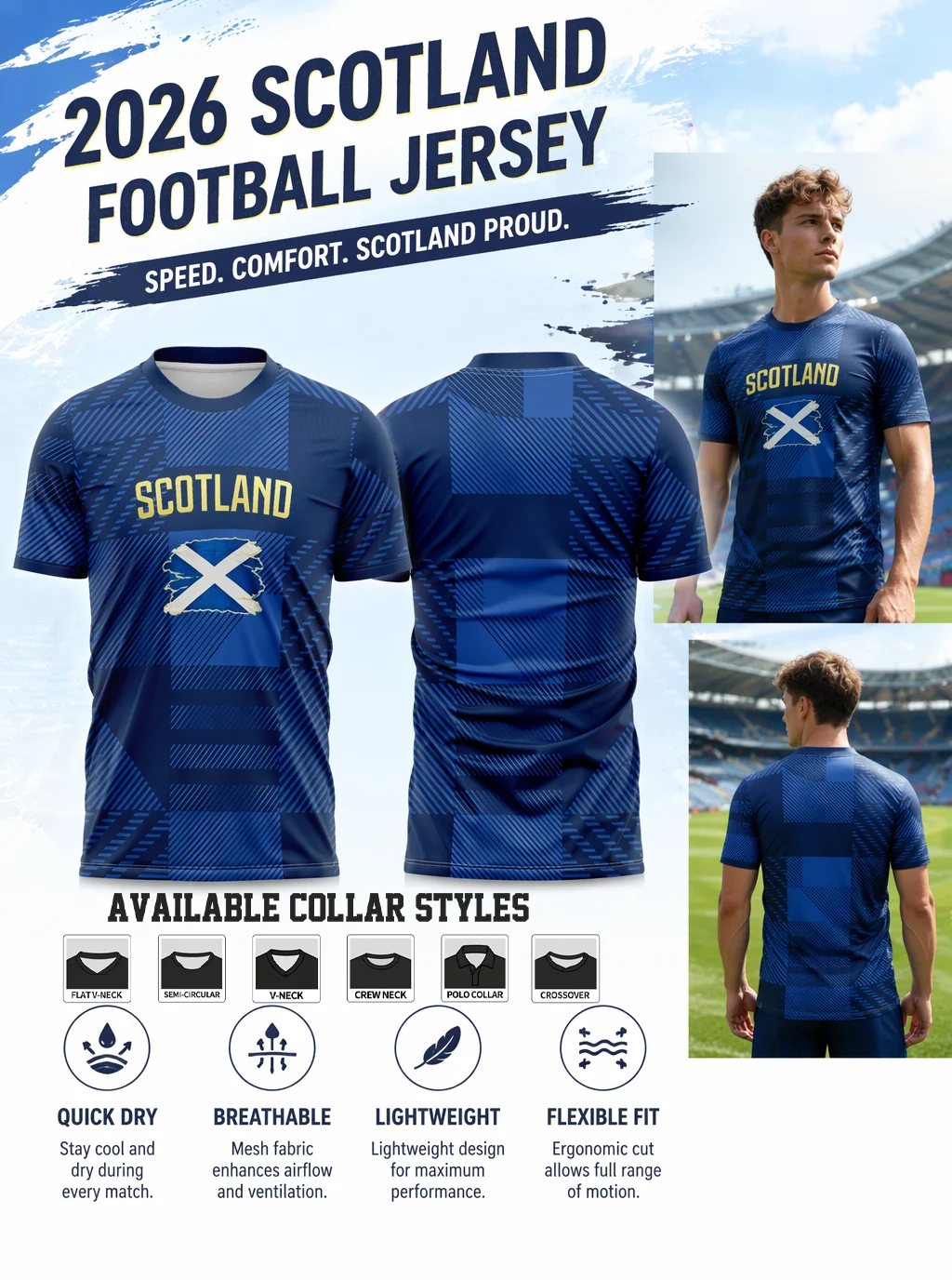 Scotland themed football jersey, golden SCOTLAND letter, diagonal texture, moisture‑wicking fabric, athletic fit