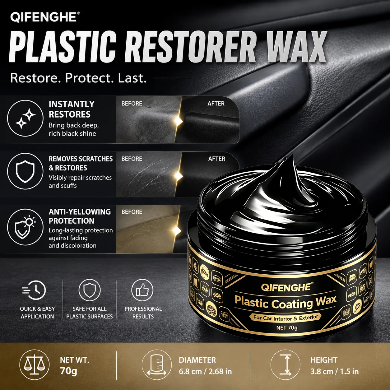 QIFENGHE Plastic Restorer Wax Remove Scratches Fading Restore Black Trim Anti Oxidation For Car Bumper Mirrors Wheel Arches 70g