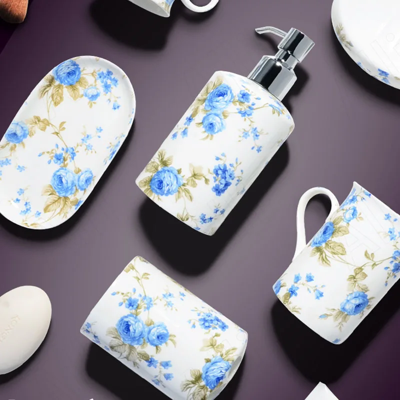 Modern Ceramic Bathroom Four Piece Set Hand Painted Flowers Decorative Storage Tray Desktop Mouthwash Cup Bathrooms Accesories