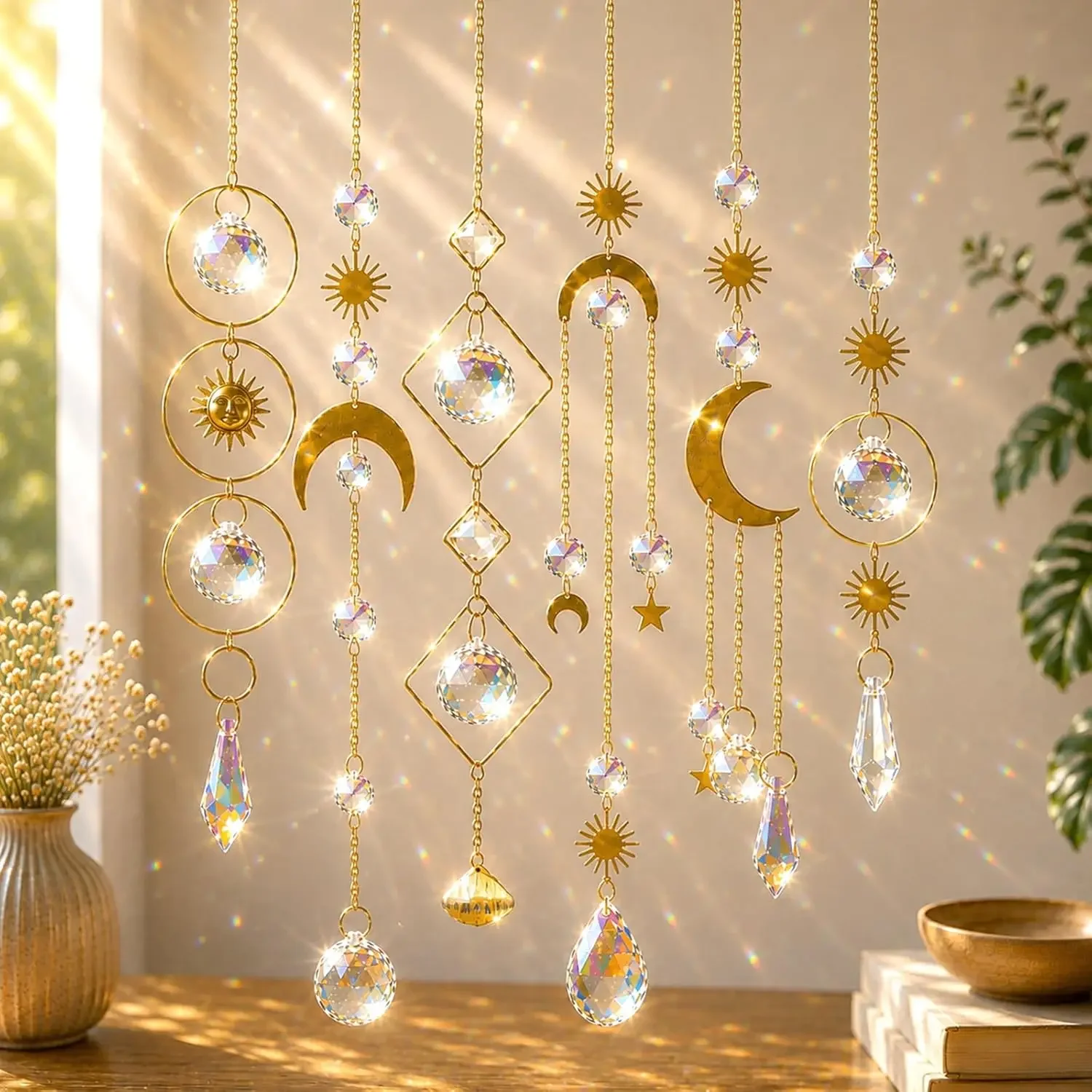 6-piece set of colorful crystal hangings, sun catchers with chain pendants, suitable for windows, home, and parties
