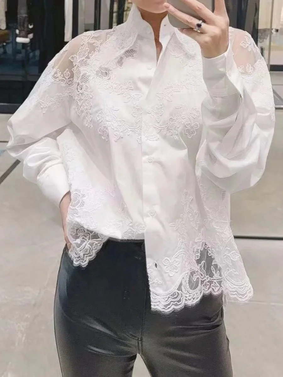 

Women's White or Black Blouse Top Lace Embroidery Patchwork Turn-down Collar Long Sleeve Single Breasted Elegant Cotton Shirt