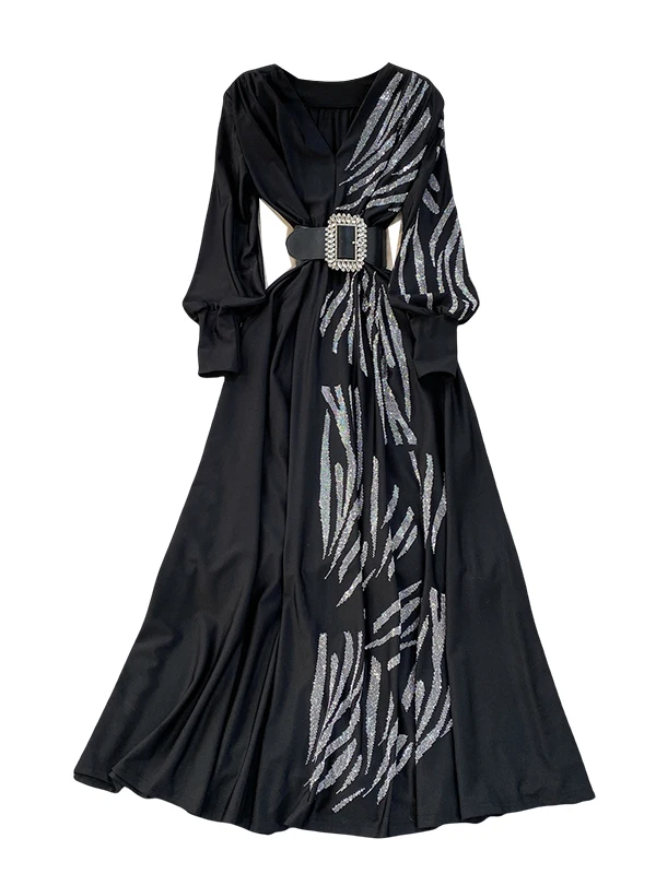 Ele V-ne Lantern Sve Long Dr Vestido de mujer de cintura alta con adornos de diamantes y adelgazamiento Dr Fall Faion