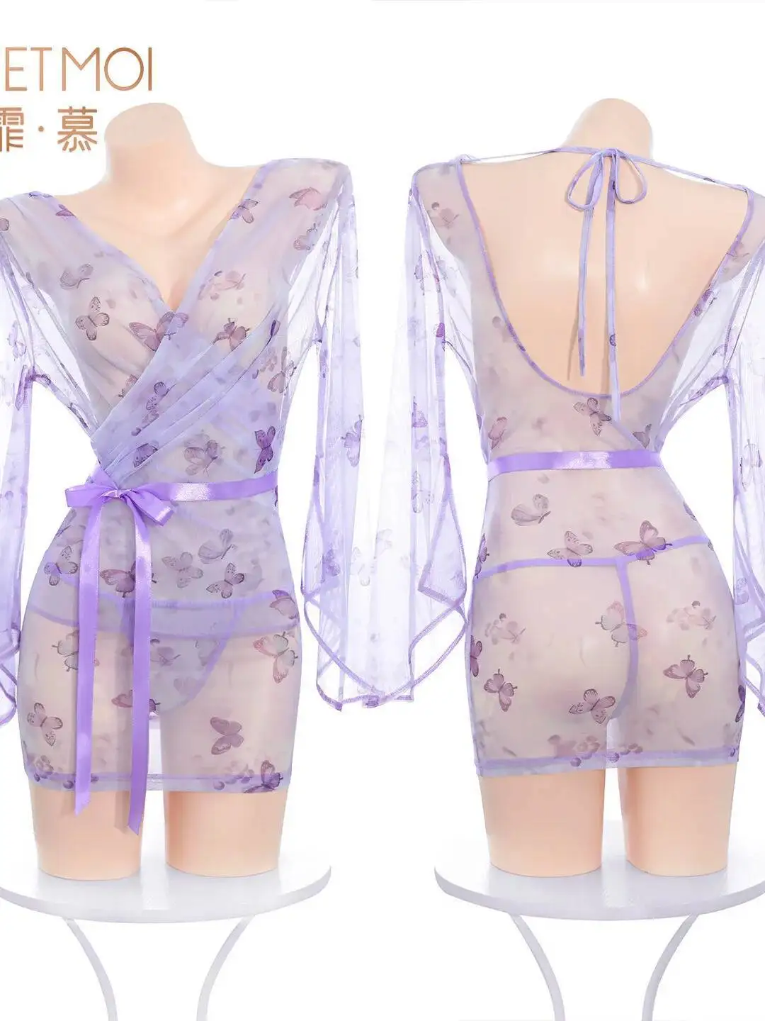 عطلة نمط طباعة مغرية فراشة فستان النوم فستان مثير أنيق الخامس الرقبة بقماش شفاف رقيقة مثير فستان قصير كيمونو EOP8