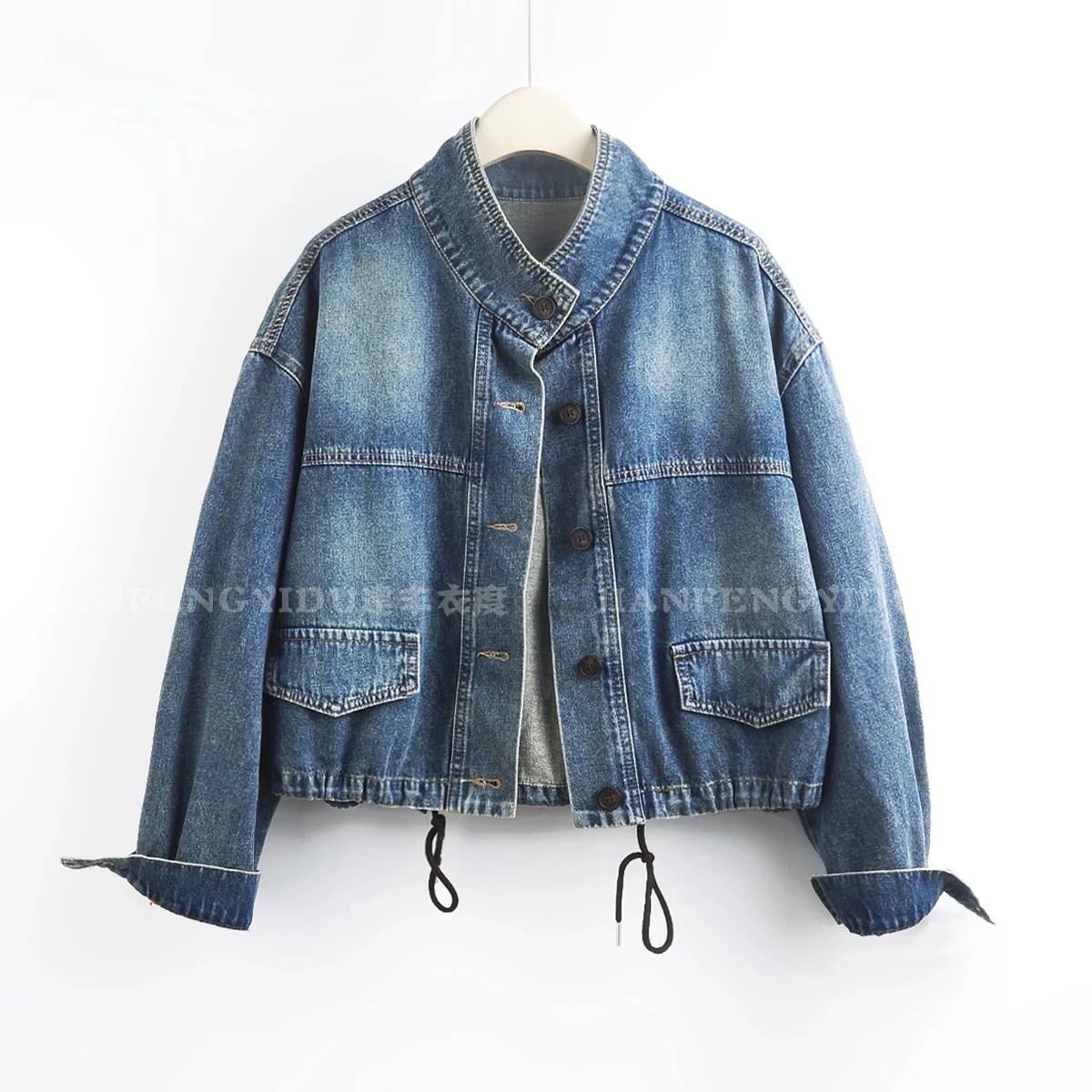Autumn New Women Vintage Blue Short Jeans Jacket Stand Collar Single-Breasted Long Sleeve Drawstring Hem Denim Jacket Streetwear