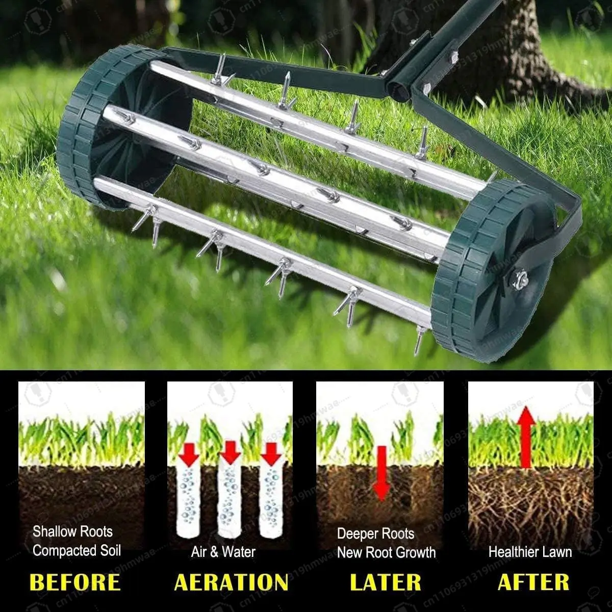 Rolling Lawn Aerator,Rotary Push Tine Spike Soil Lawn Aerator with Steel Handle,Gardening Tool for Garden Yard Grass Maintenance