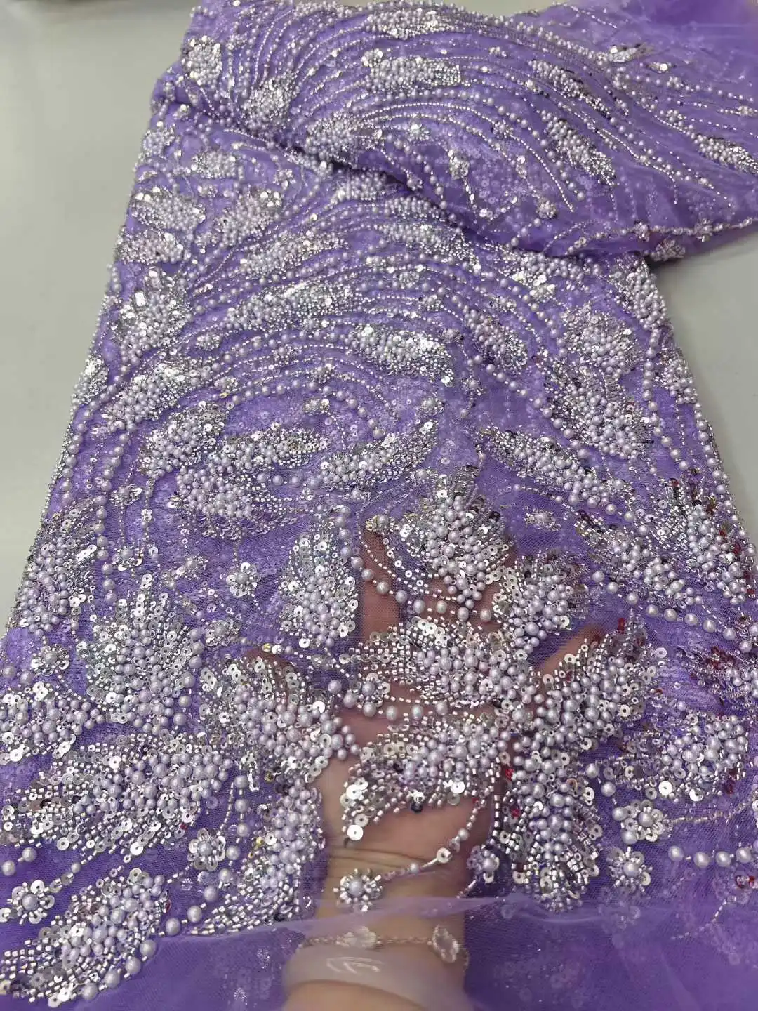 Fashion Hand Beaded Lace Fabric Bridal Fabric High-end Wedding Fabrics French Nigerian Sequins Embroidered on Tulle 5 Yards